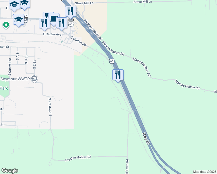 map of restaurants, bars, coffee shops, grocery stores, and more near 1580 East Clinton Road in Seymour