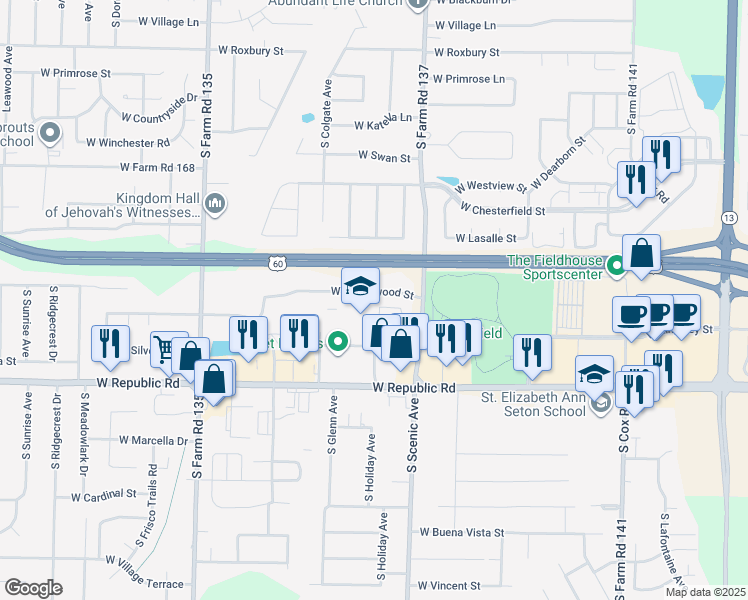 map of restaurants, bars, coffee shops, grocery stores, and more near 2784 West Maplewood Street in Springfield