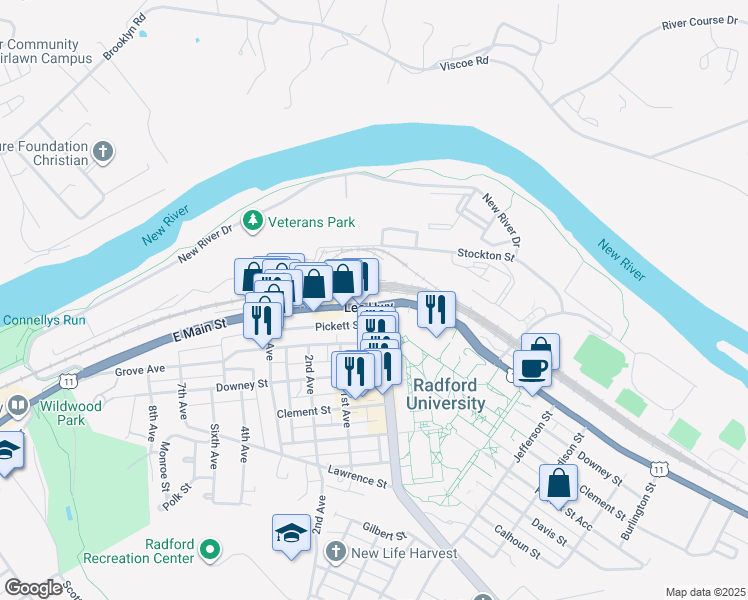 map of restaurants, bars, coffee shops, grocery stores, and more near 968 Lee Highway in Radford