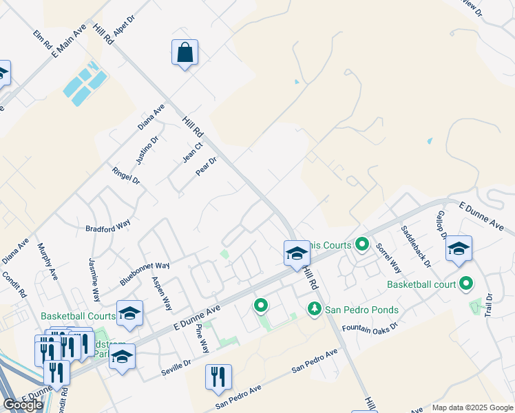 map of restaurants, bars, coffee shops, grocery stores, and more near 2040 Shafer Avenue in Morgan Hill