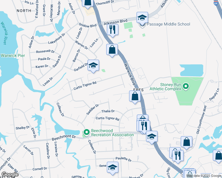 map of restaurants, bars, coffee shops, grocery stores, and more near 324 Susan Constant Drive in Newport News