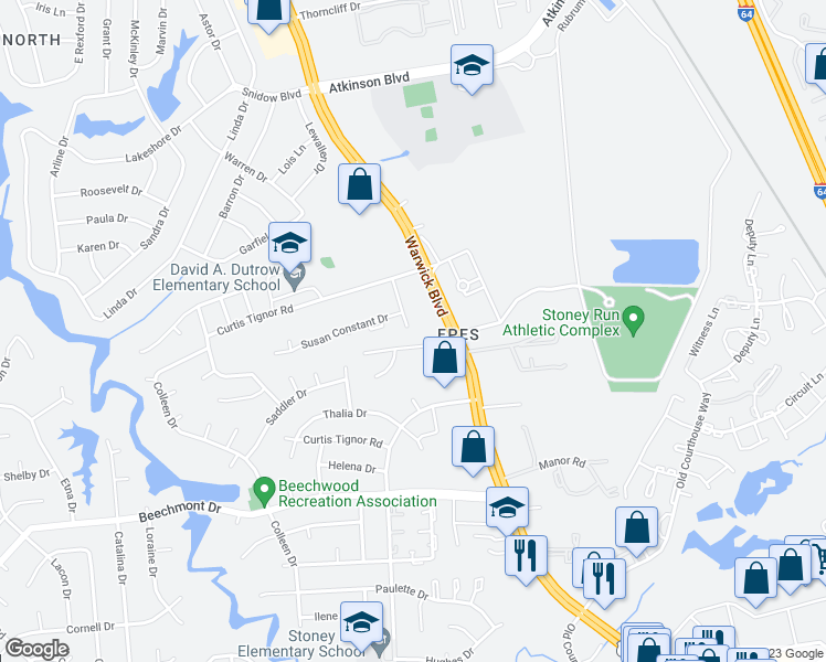 map of restaurants, bars, coffee shops, grocery stores, and more near 392 Susan Constant Drive in Newport News