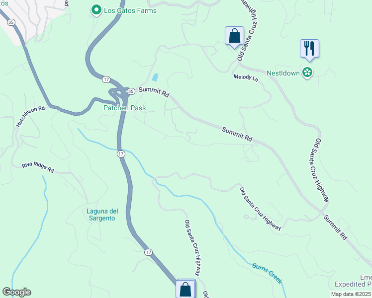 map of restaurants, bars, coffee shops, grocery stores, and more near 17652 Old Summit Road in Los Gatos