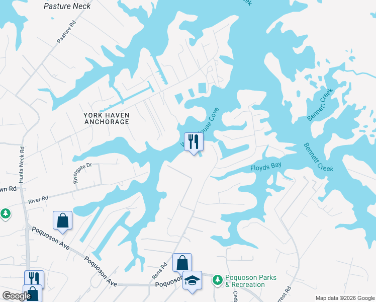 map of restaurants, bars, coffee shops, grocery stores, and more near 105 Rens Road in Poquoson