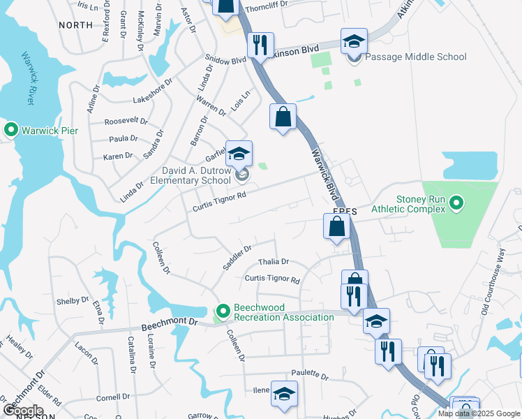 map of restaurants, bars, coffee shops, grocery stores, and more near 301 Susan Constant Drive in Newport News