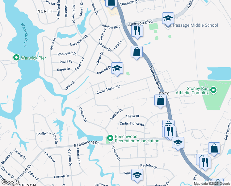 map of restaurants, bars, coffee shops, grocery stores, and more near 213 Susan Constant Drive in Newport News