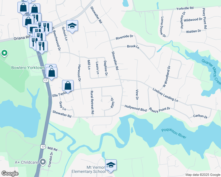 map of restaurants, bars, coffee shops, grocery stores, and more near 614 Ella Taylor Road in Yorktown