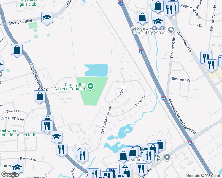 map of restaurants, bars, coffee shops, grocery stores, and more near 340 Witness Lane in Newport News