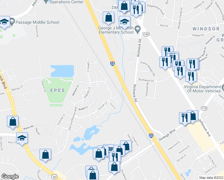 map of restaurants, bars, coffee shops, grocery stores, and more near 335 Circuit Lane in Newport News