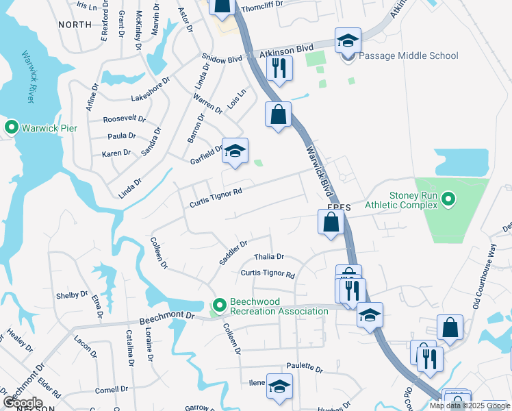 map of restaurants, bars, coffee shops, grocery stores, and more near 301 Susan Constant Drive in Newport News