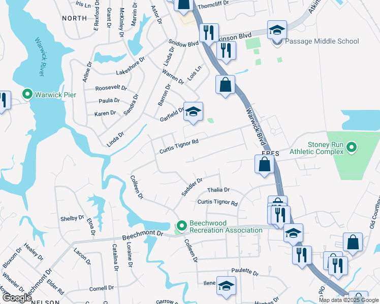 map of restaurants, bars, coffee shops, grocery stores, and more near 213 Susan Constant Drive in Newport News