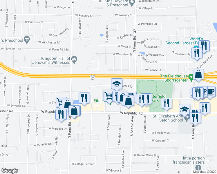 map of restaurants, bars, coffee shops, grocery stores, and more near 2872 West Maplewood Street in Springfield
