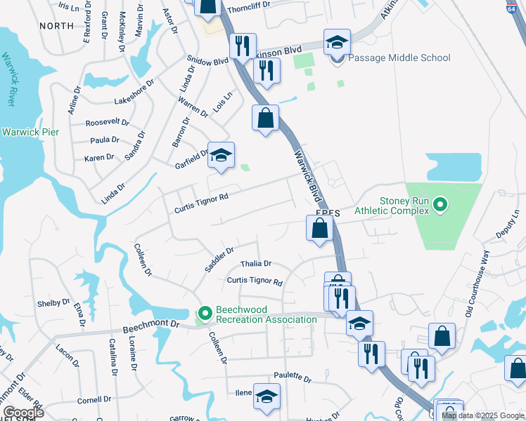 map of restaurants, bars, coffee shops, grocery stores, and more near 326 Susan Constant Drive in Newport News