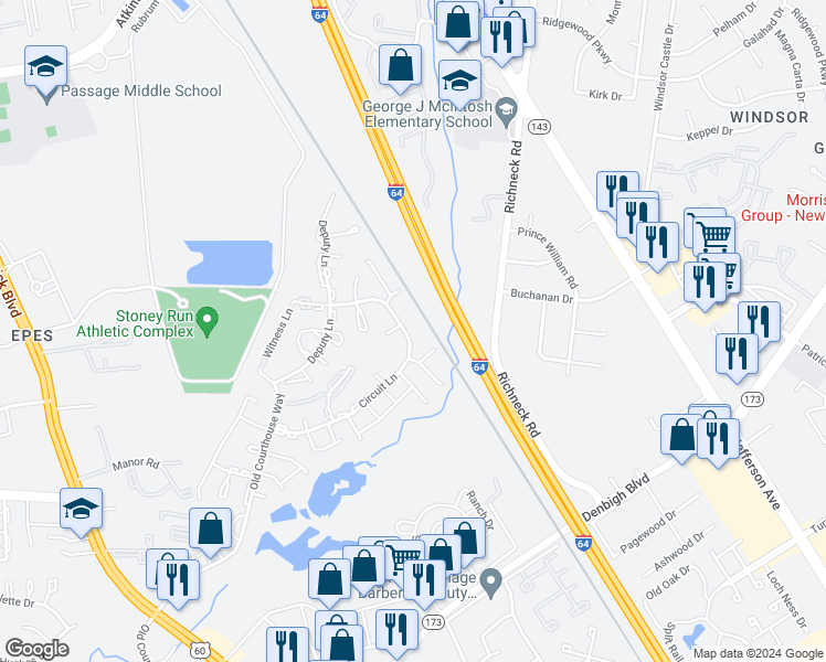 map of restaurants, bars, coffee shops, grocery stores, and more near 335 Circuit Lane in Newport News