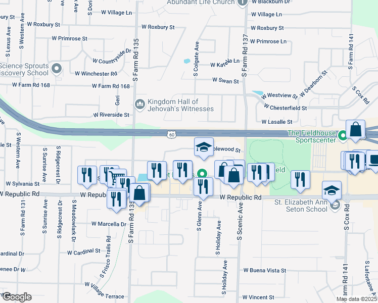 map of restaurants, bars, coffee shops, grocery stores, and more near 2896 West Maplewood Street in Springfield