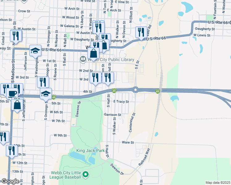 map of restaurants, bars, coffee shops, grocery stores, and more near 401 East 4th Street in Webb City