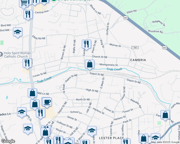 map of restaurants, bars, coffee shops, grocery stores, and more near 630 Depot Street Northeast in Christiansburg
