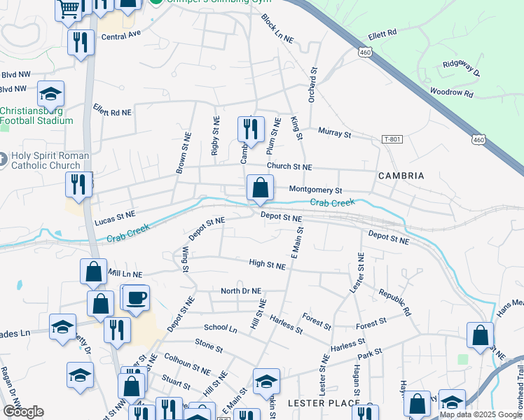 map of restaurants, bars, coffee shops, grocery stores, and more near 630 Depot Street Northeast in Christiansburg