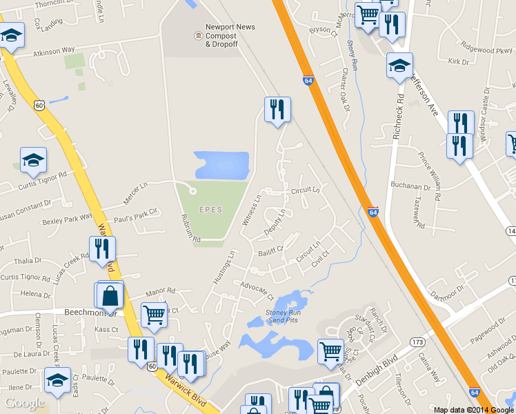 map of restaurants, bars, coffee shops, grocery stores, and more near 330 Witness Lane in Newport News