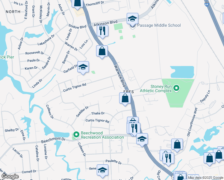 map of restaurants, bars, coffee shops, grocery stores, and more near 378 Susan Constant Drive in Newport News