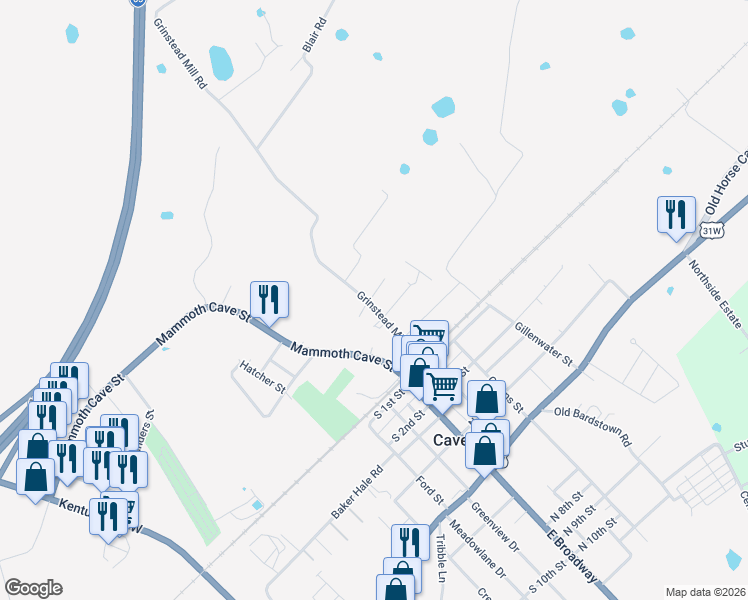 map of restaurants, bars, coffee shops, grocery stores, and more near 304 Grinstead Mill Road in Cave City