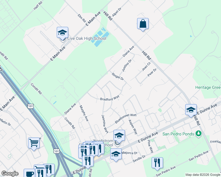 map of restaurants, bars, coffee shops, grocery stores, and more near 17460 Shelton Way in Morgan Hill