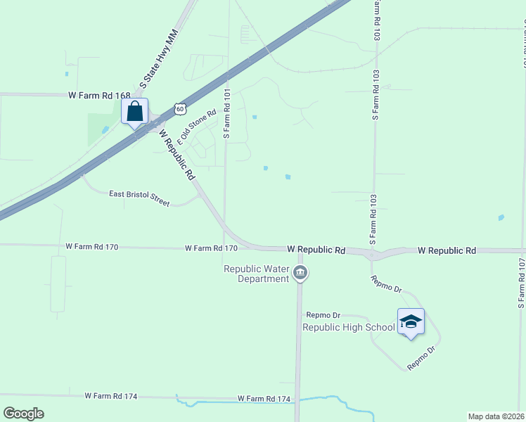 map of restaurants, bars, coffee shops, grocery stores, and more near 6579 West State Highway M in Greene County