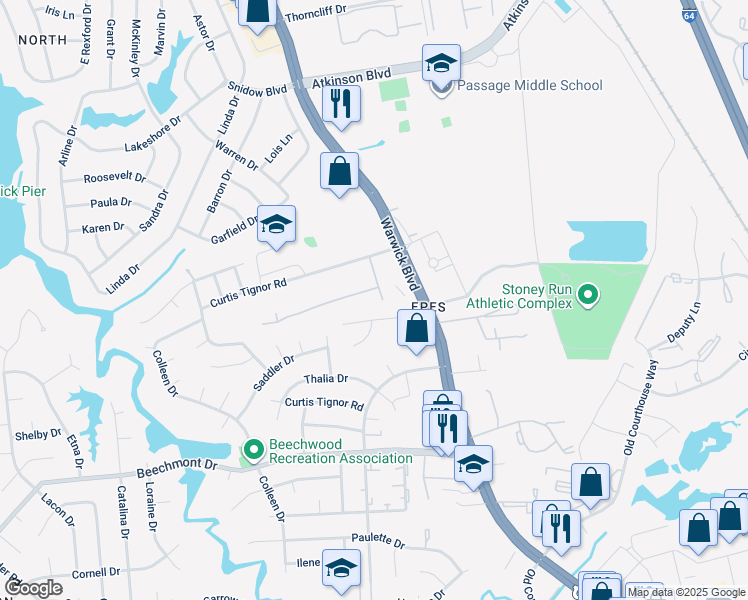 map of restaurants, bars, coffee shops, grocery stores, and more near 376 Susan Constant Drive in Newport News