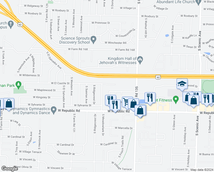 map of restaurants, bars, coffee shops, grocery stores, and more near 3298 West El Castile Street in Springfield