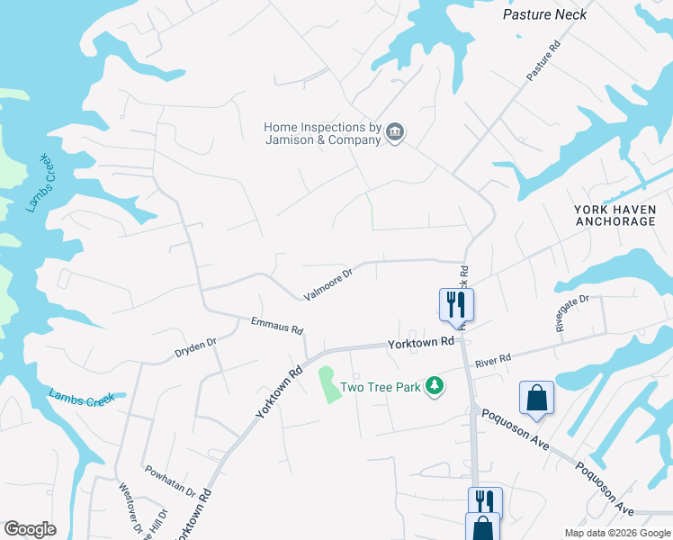 map of restaurants, bars, coffee shops, grocery stores, and more near 1 Jefferson Court in Poquoson