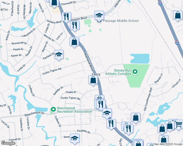 map of restaurants, bars, coffee shops, grocery stores, and more near 15197 Warwick Blvd in Newport News