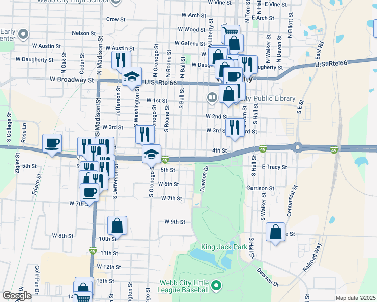 map of restaurants, bars, coffee shops, grocery stores, and more near 408 West 4th Street in Webb City