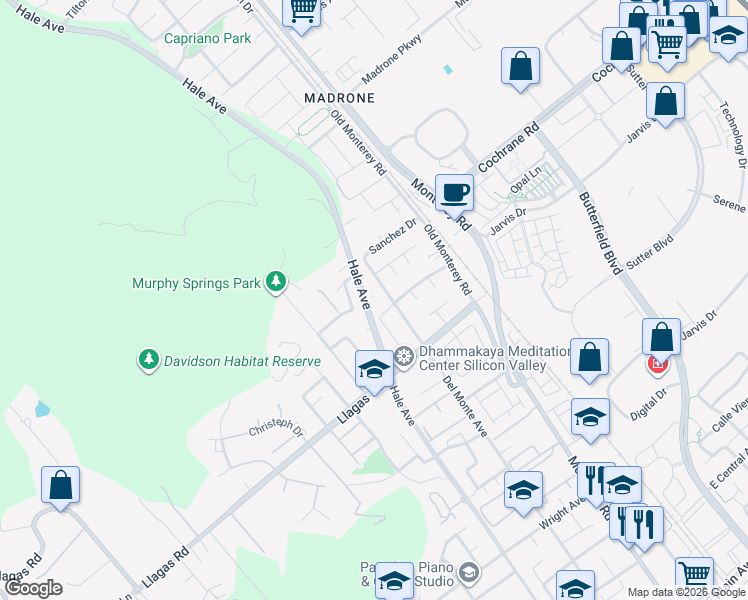 map of restaurants, bars, coffee shops, grocery stores, and more near 18520 Hale Avenue in Morgan Hill
