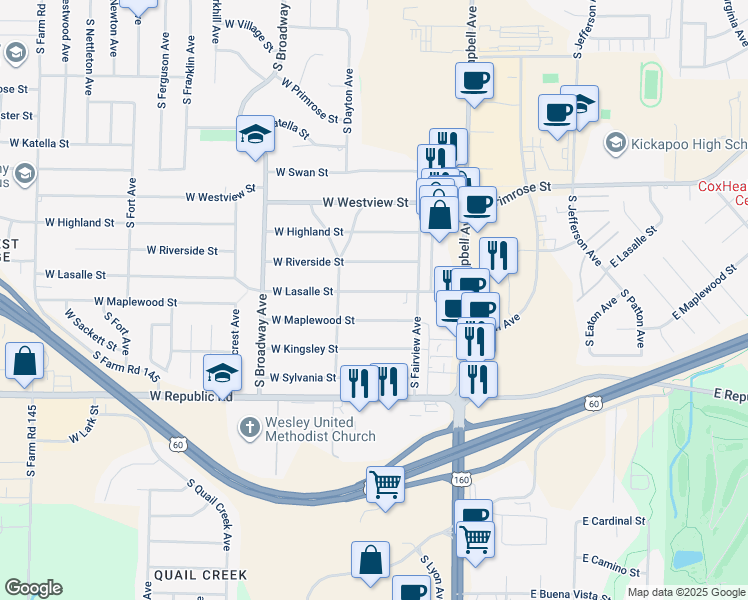 map of restaurants, bars, coffee shops, grocery stores, and more near 676 West Lasalle Street in Springfield