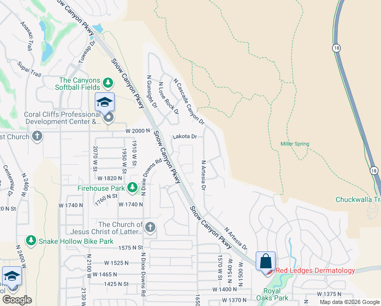 map of restaurants, bars, coffee shops, grocery stores, and more near 1920 North Lakota Circle in St. George