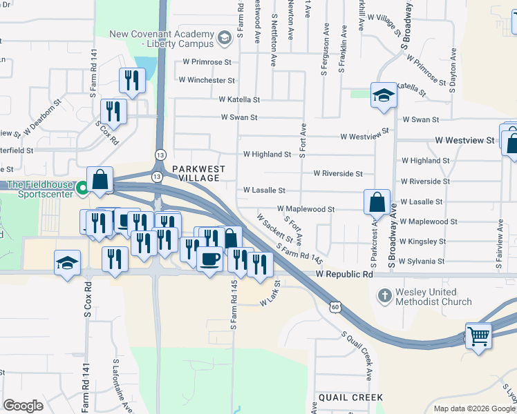 map of restaurants, bars, coffee shops, grocery stores, and more near 1438 W Mapplewood St in Springfield