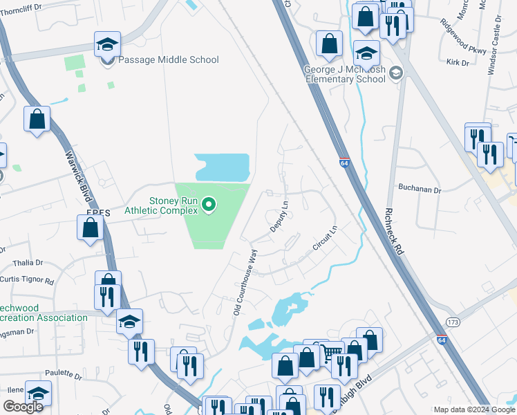 map of restaurants, bars, coffee shops, grocery stores, and more near 340 Witness Lane in Newport News