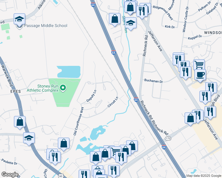 map of restaurants, bars, coffee shops, grocery stores, and more near 403 Judges Court in Newport News