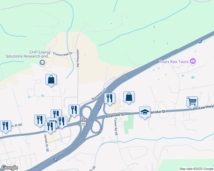 map of restaurants, bars, coffee shops, grocery stores, and more near Brammer Lane in Christiansburg