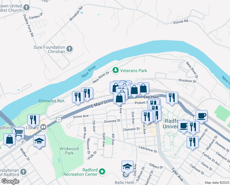 map of restaurants, bars, coffee shops, grocery stores, and more near 108 Harrison Street in Radford