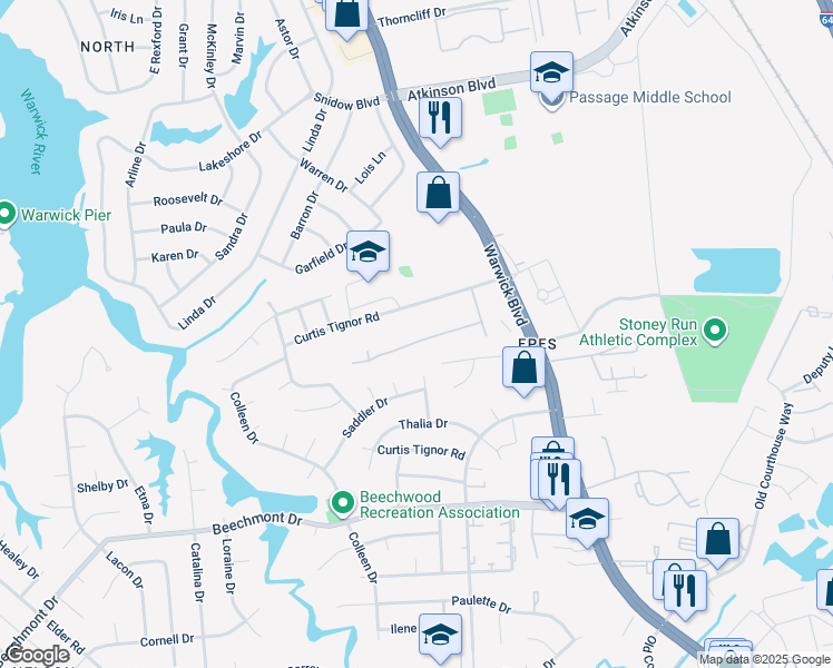 map of restaurants, bars, coffee shops, grocery stores, and more near 315 Susan Constant Drive in Newport News