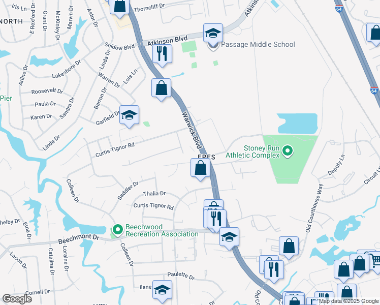 map of restaurants, bars, coffee shops, grocery stores, and more near 15197 Warwick Boulevard in Newport News