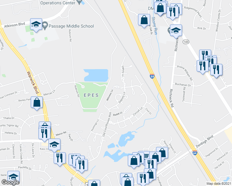 map of restaurants, bars, coffee shops, grocery stores, and more near 382 Deputy Lane in Newport News