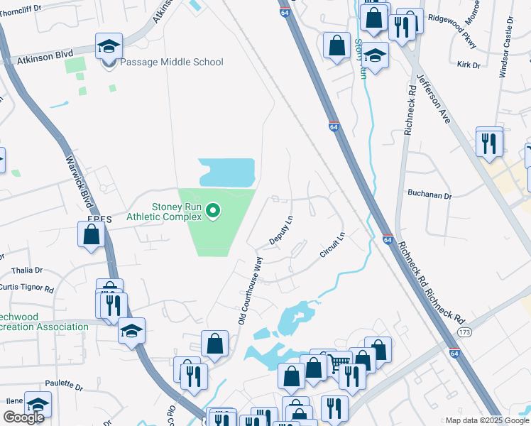 map of restaurants, bars, coffee shops, grocery stores, and more near 330 Witness Lane in Newport News