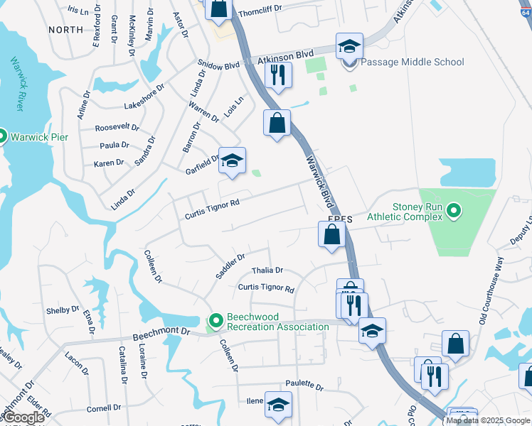 map of restaurants, bars, coffee shops, grocery stores, and more near 326 Susan Constant Drive in Newport News