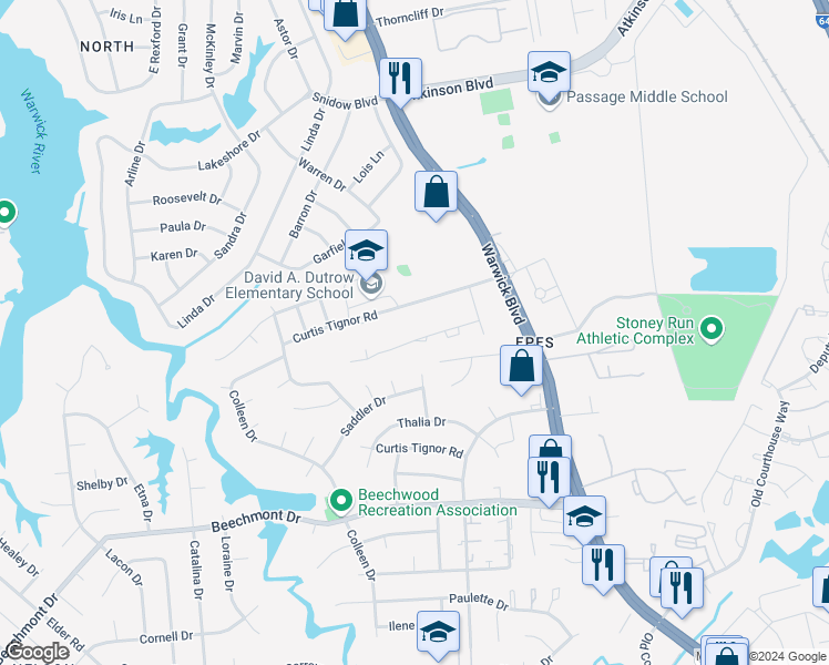 map of restaurants, bars, coffee shops, grocery stores, and more near 315 Susan Constant Drive in Newport News