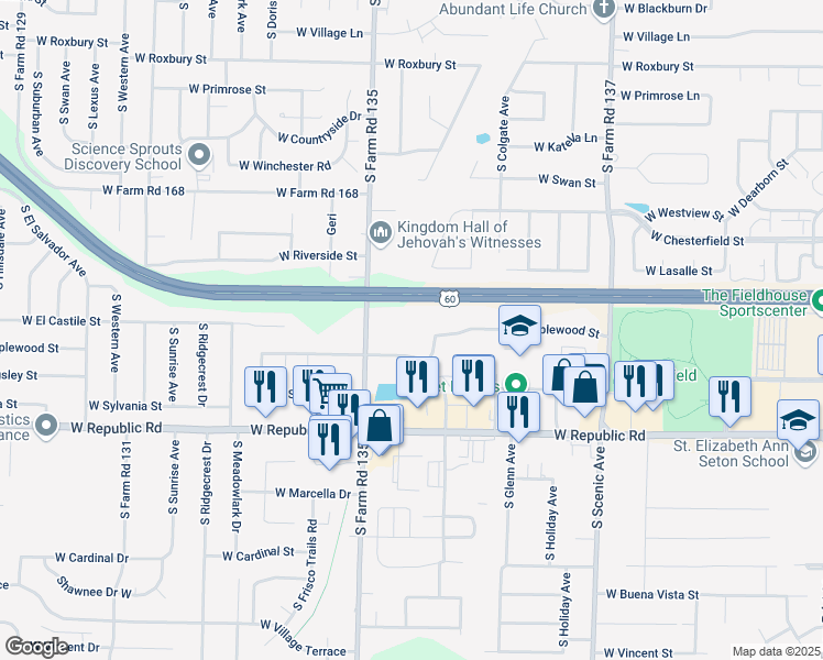 map of restaurants, bars, coffee shops, grocery stores, and more near 4025b South Hillcrest Avenue in Springfield