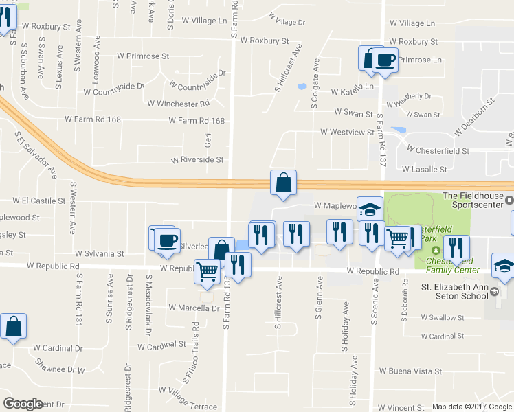 map of restaurants, bars, coffee shops, grocery stores, and more near 4025b South Hillcrest Avenue in Springfield