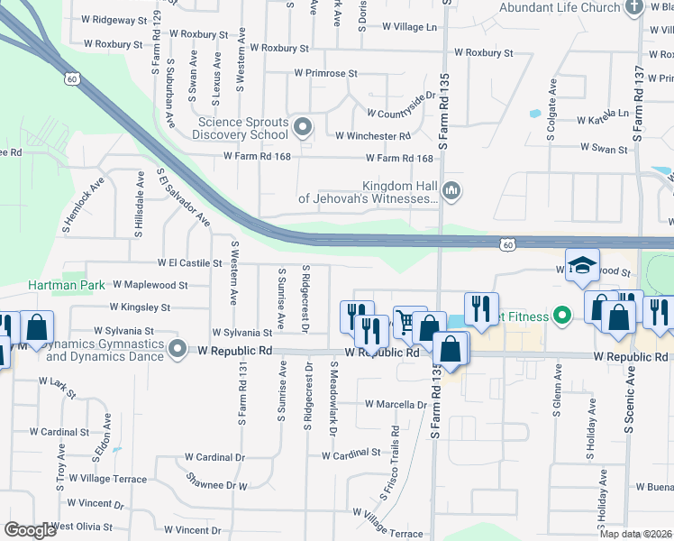 map of restaurants, bars, coffee shops, grocery stores, and more near 3298 West El Castile Street in Springfield