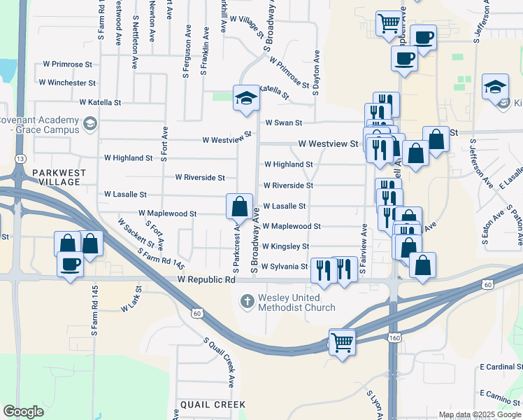 map of restaurants, bars, coffee shops, grocery stores, and more near 4004 South Broadway Avenue in Springfield